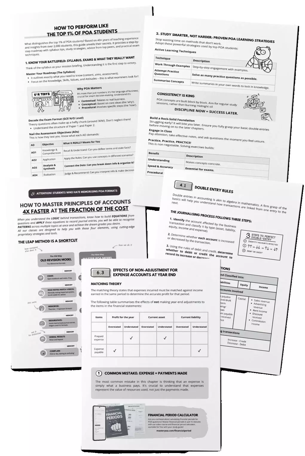 Preview spreads from the Master POA Study Guide covering core accounting foundations